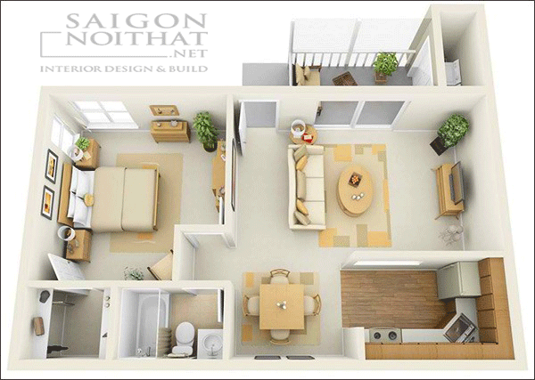 thiết kế nội thất căn hộ nhỏ 60m2